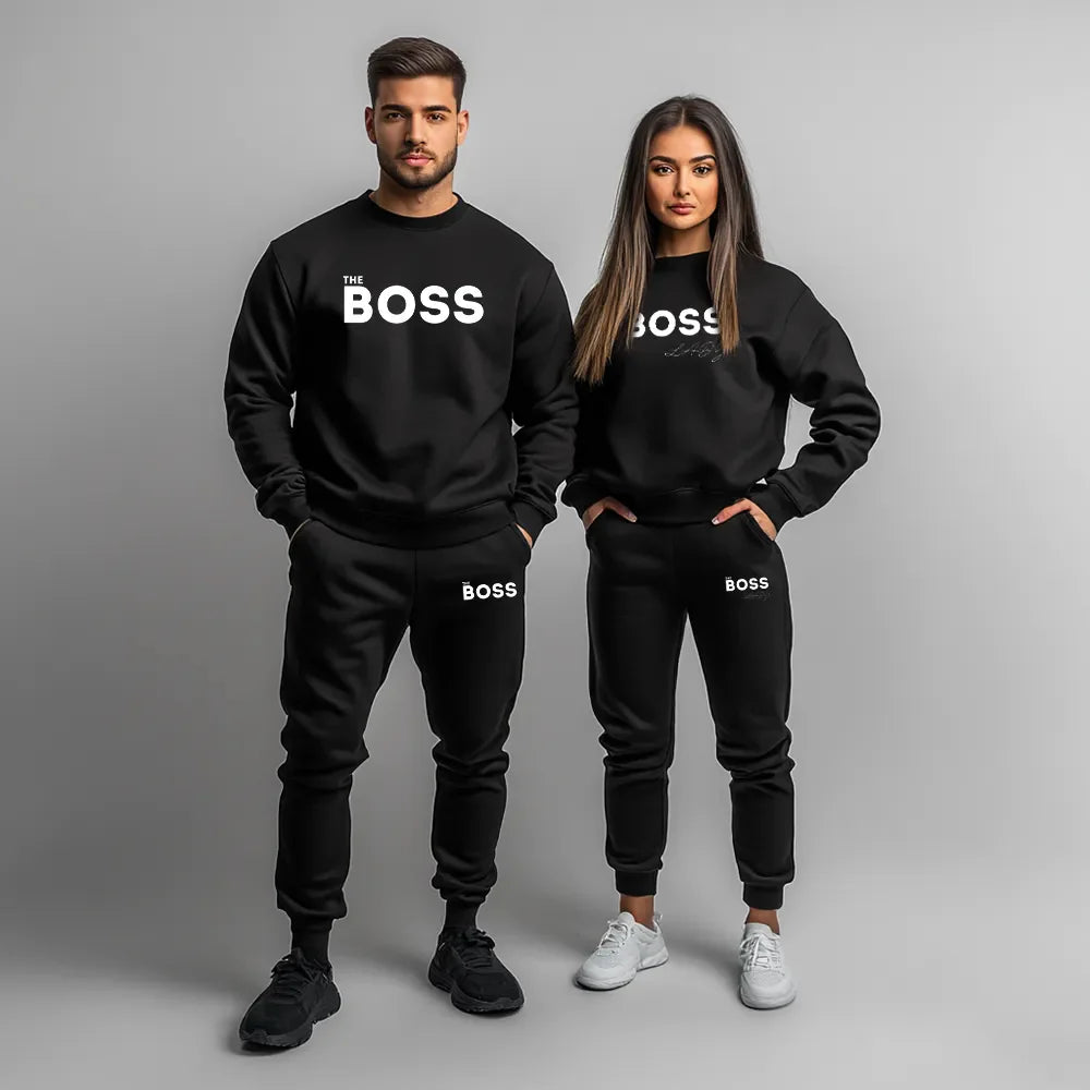Zestaw bluz i spodni czarnych dla par The Boss / The Boss Lady, noszony przez modele.