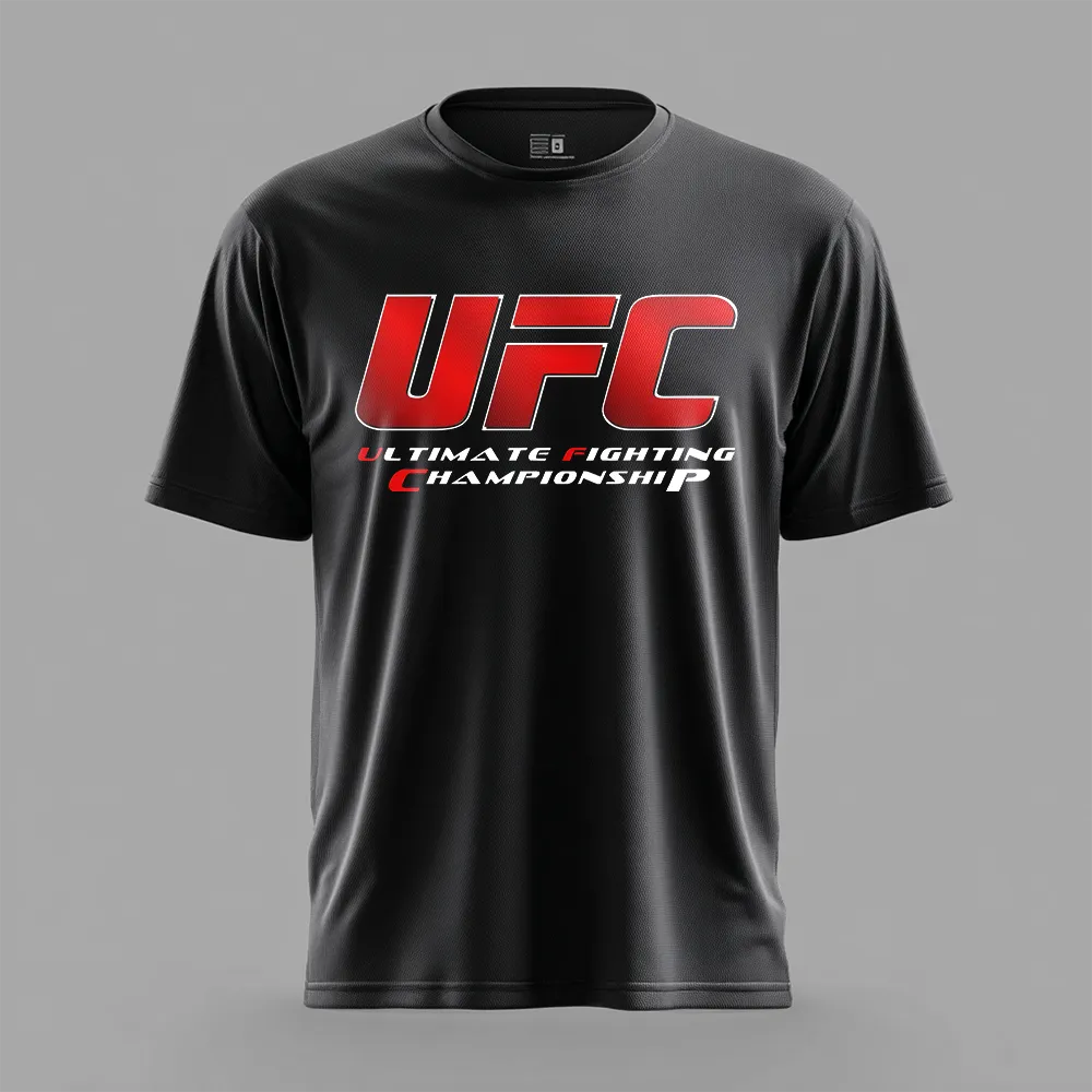 Czarny t-shirt sportowy dla mężczyzn, materiał oddychający, z czerwonym logo UFC na środku, do Komplet ów.