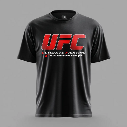 Czarny t-shirt sportowy dla mężczyzn, materiał oddychający, z czerwonym logo UFC na środku, do Komplet ów.